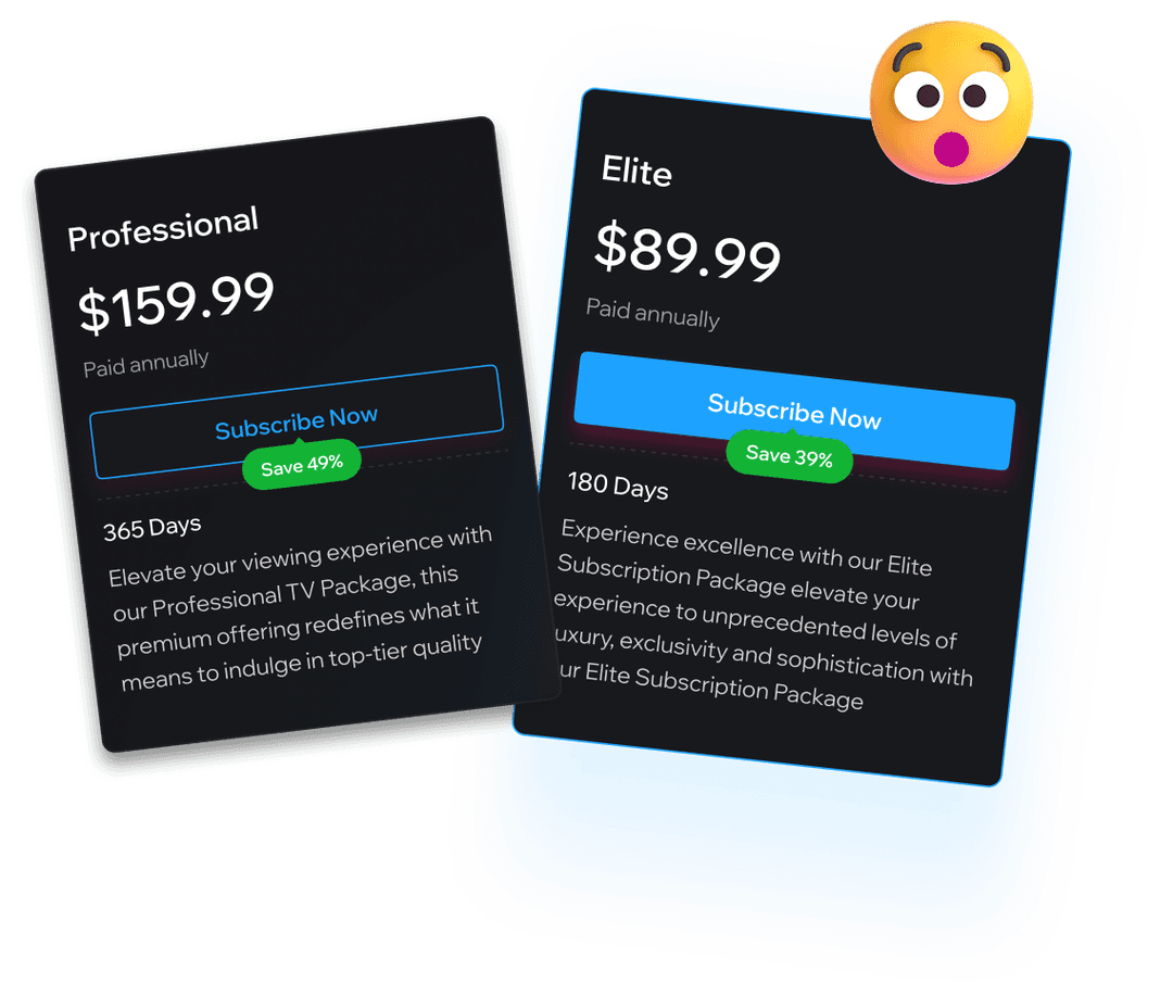 IPTV subscription plans and no-nonsense pricing display cards mockup