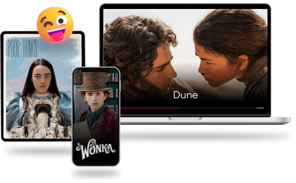 Laptop and mobile screens showing live movies and IPTV service mockup
